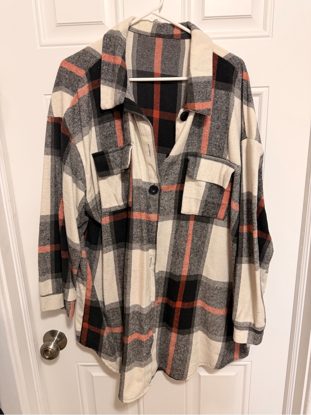 SHEIN Plaid Shacket in Cream, Gray & Rust